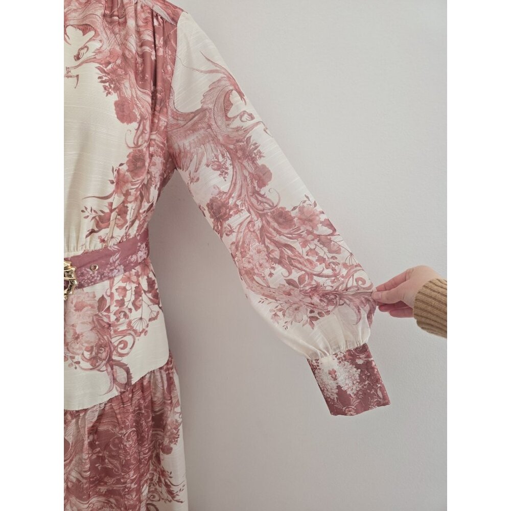 Floral Maxi Chinoiserie High Neck Belted Long Sleeves Mauve Pink Cream Dress M - Picture 4 of 12